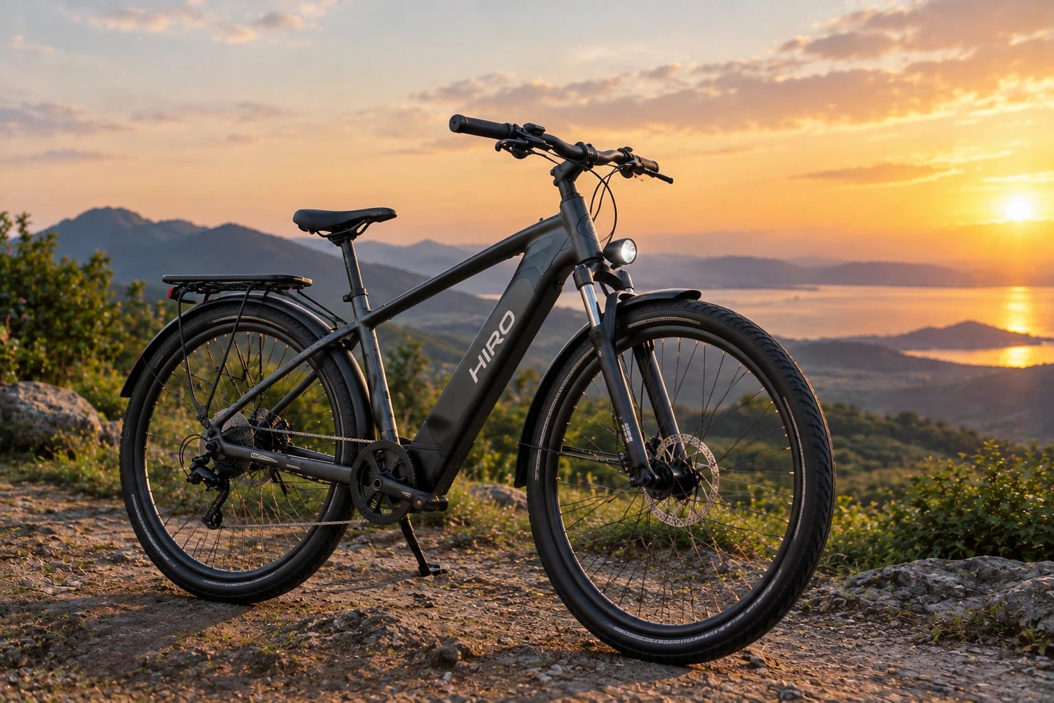 HIRO electric bike on a mountain trail at golden hour