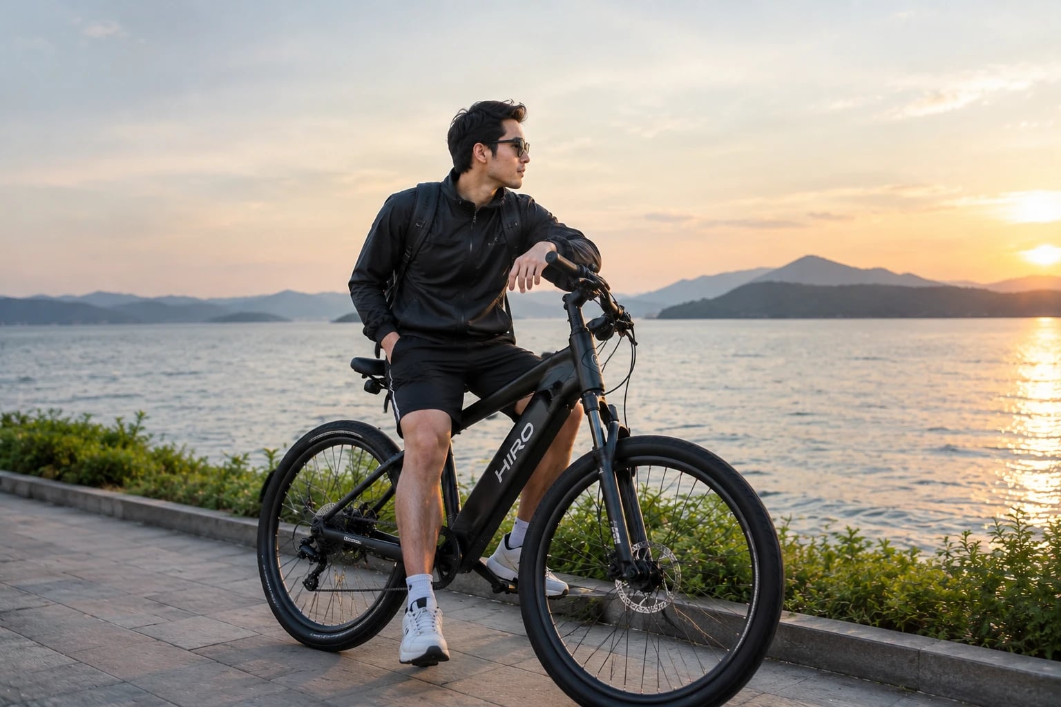 Rider sitting on a HIRO e-bike by the lake at sunset